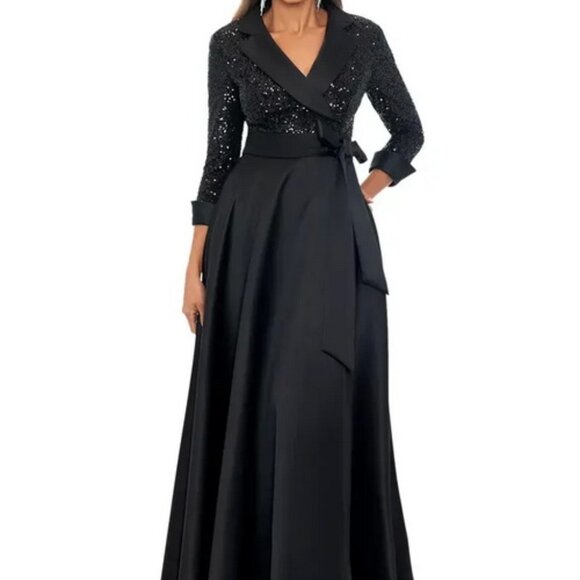 Xscape Black Sequin Long Sleeve Tux Ballgown